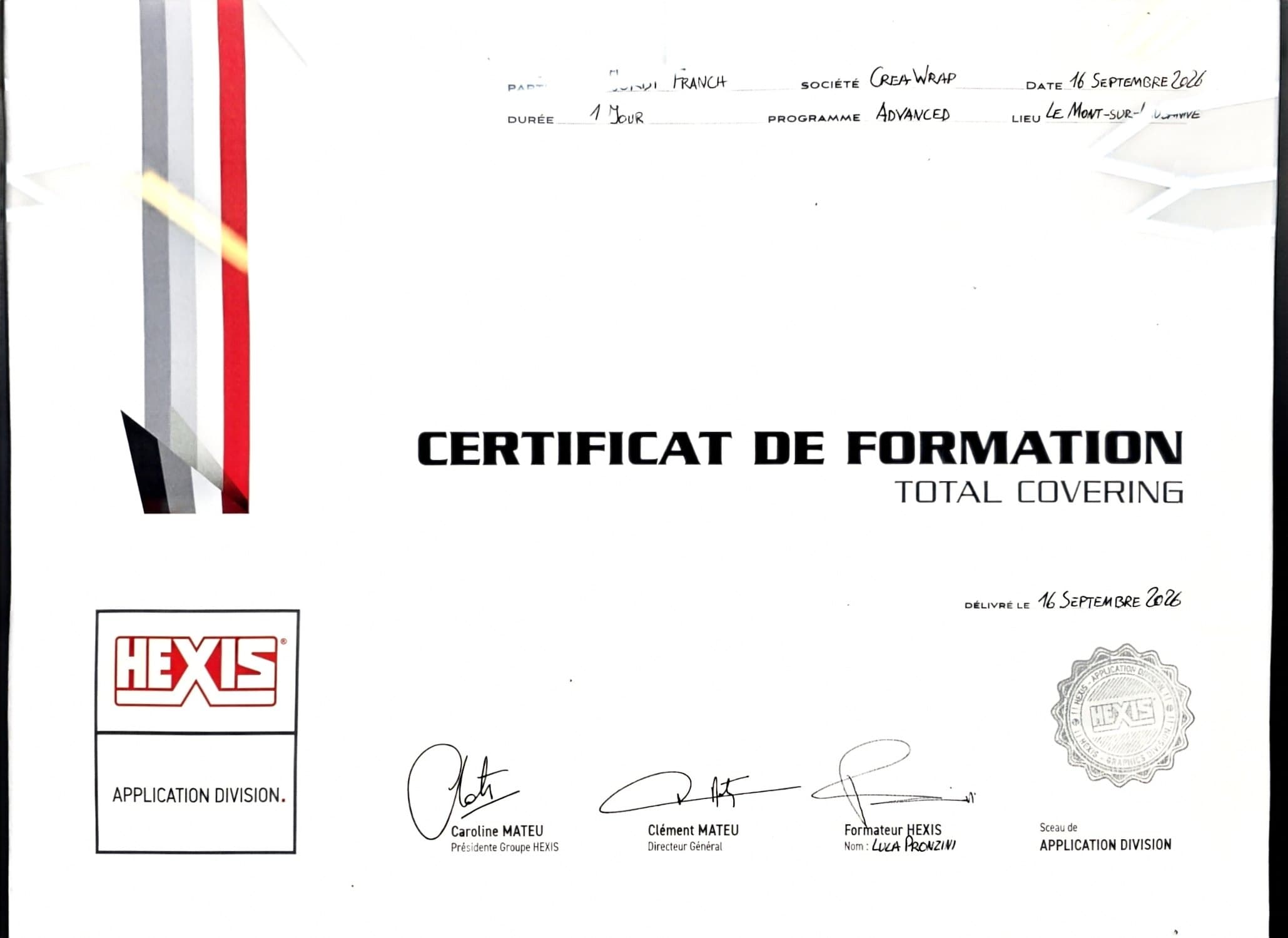 Certificat de pose de l'atelier CreaWrap